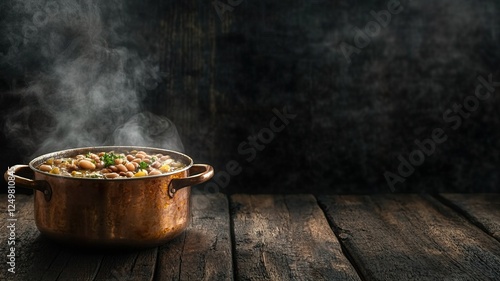 Rustic copper pot with steaming hearty bean stew on wooden table