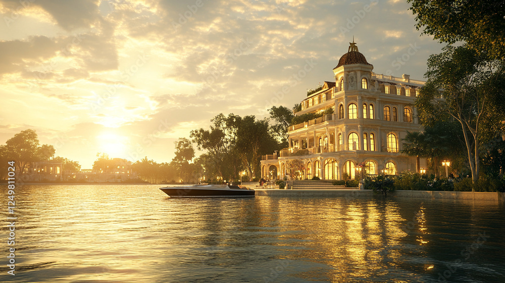 An opulent mansion glowing in evening light, reflected on calm waters, surrounded by a peaceful landscape, symbolizing luxury, tranquility, and wealth in a modern, serene setting.