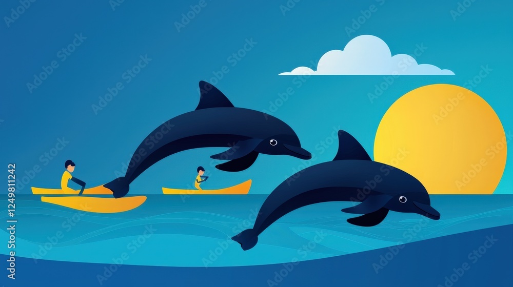 Illustration of a team saving stranded dolphins in shallow water Illustration of a team saving stranded dolphins in shallow water