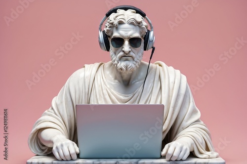 Confident greek businessman marble statue sculpture thinking and working with laptop and wearing sunglass illustration, with pastel color background, people and lifestyle theme concept. 