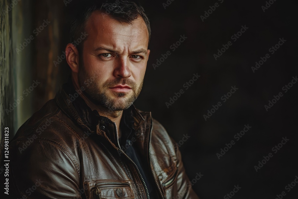 Fototapeta premium Stylish man in a leather jacket looking confidently at the camera.