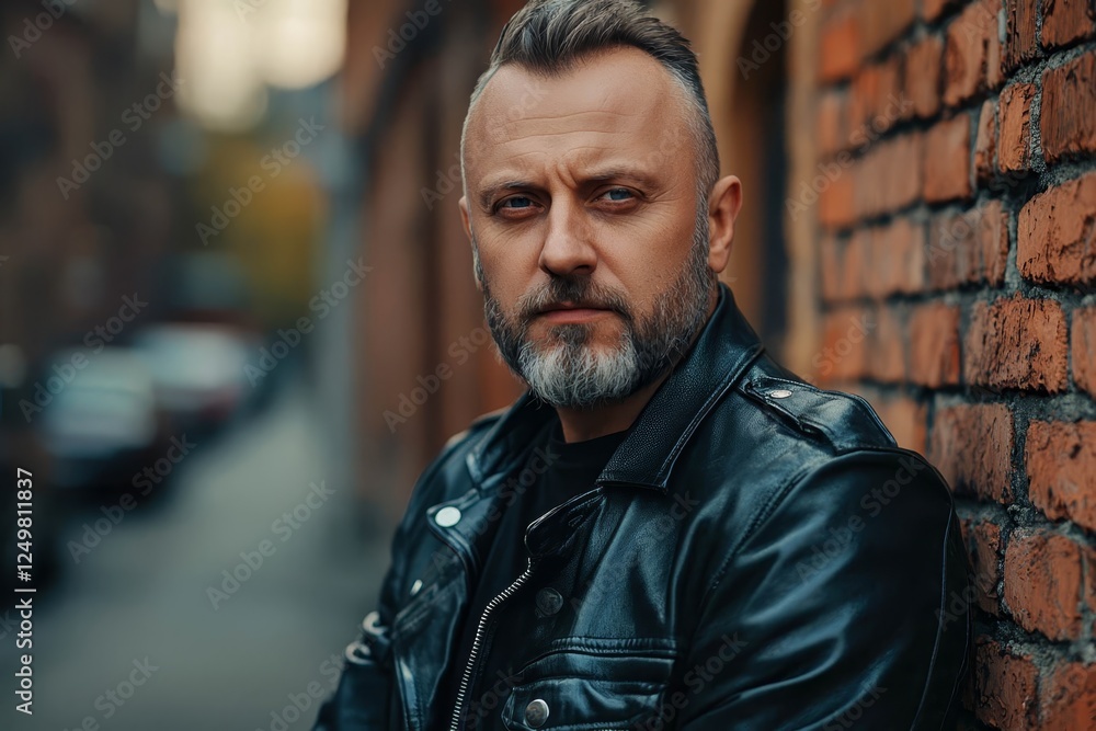 Fototapeta premium Stylish man in a leather jacket looking confidently at the camera.
