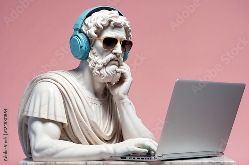 Confident greek businessman marble statue sculpture thinking and working with laptop and wearing sunglass illustration, with pastel color background, people and lifestyle theme concept. 