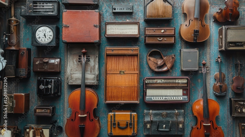 Naklejka premium A Vintage Collection: Musical Instruments and Timeless Treasures on Display