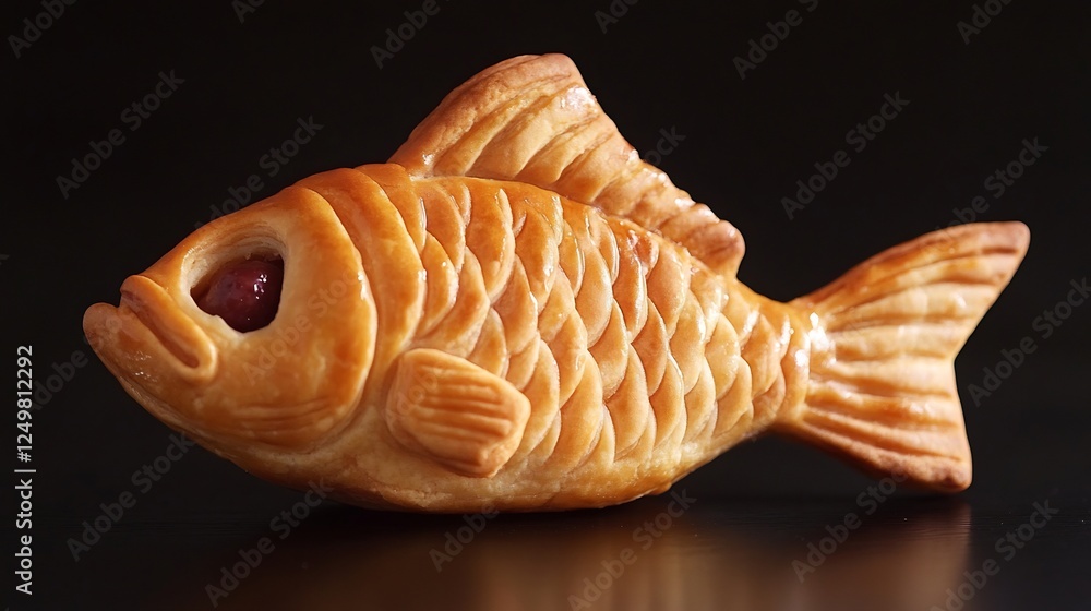 Japanese taiyaki pastry filled sweet red bean paste shaped like a fish served on a black background for a playful contrast Japanese taiyaki pastry filled sweet red bean paste shaped like a fish served on a black background for a playful contrast