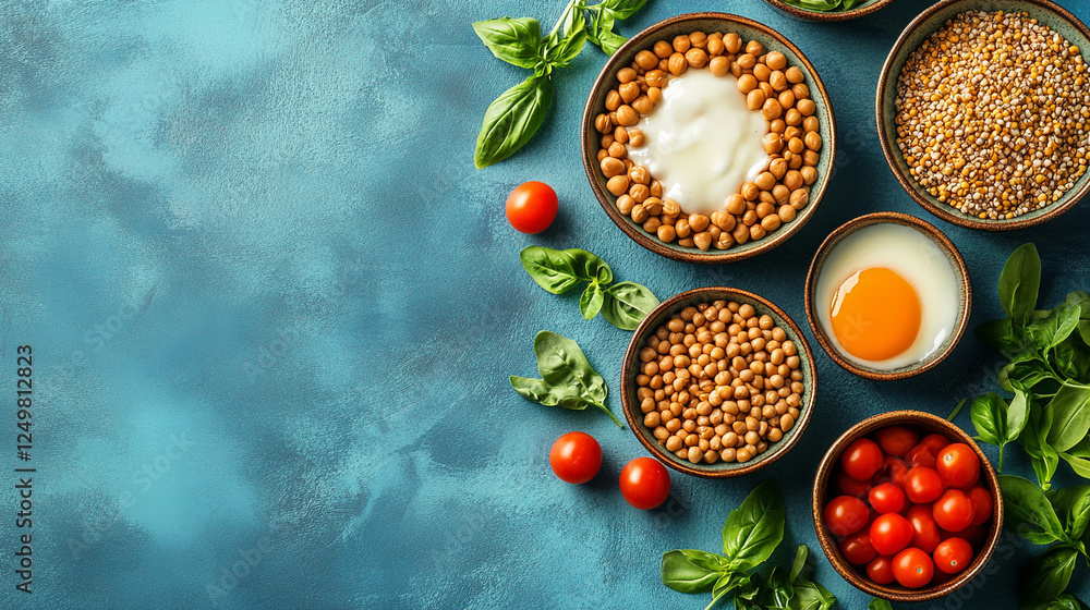 A top view of balanced nutrition symbolizing World Health Day with copyspace, isolated on a blue background. A modern, bright tone with blurred, empty space for a clean caption A top view of balanced nutrition symbolizing World Health Day with copyspace, isolated on a blue background. A modern, bright tone with blurred, empty space for a clean caption