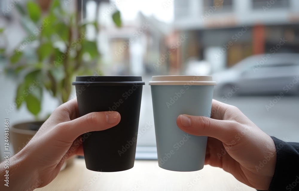 Two hands holding coffee cups, one cup is black and the other pale blue, sitting on a table in a cafe with a blurry background of a window and a car outside Generative AI Two hands holding coffee cups, one cup is black and the other pale blue, sitting on a table in a cafe with a blurry background of a window and a car outside Generative AI