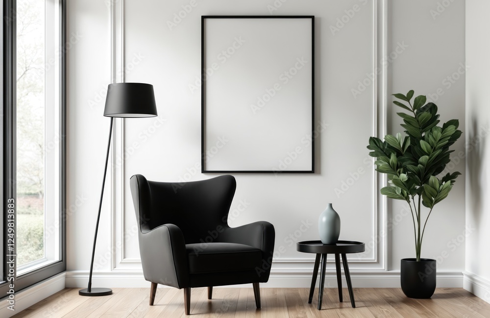 Contemporary black armchair, stylish lamp stand in cozy traditional white interior with empty black frame. Modern minimalist living room with natural light. Empty frame mockup design template for
