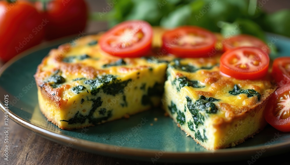 Delicious spinach, tomato frittata on plate. Baked egg dish with cheese. Ready to eat. Perfect breakfast brunch option. Fresh ingredients make healthy meal. Served in round dish. Tasty meal. Simple Delicious spinach, tomato frittata on plate. Baked egg dish with cheese. Ready to eat. Perfect breakfast brunch option. Fresh ingredients make healthy meal. Served in round dish. Tasty meal. Simple