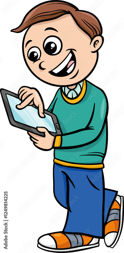 cartoon elementary age boy with digital tablet cartoon elementary age boy with digital tablet