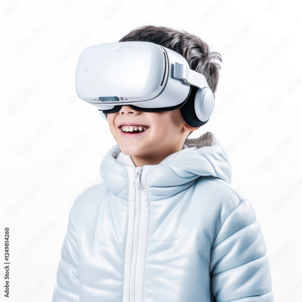 Kid wear visual goggle enjoying virtual reality in white background Kid wear visual goggle enjoying virtual reality in white background
