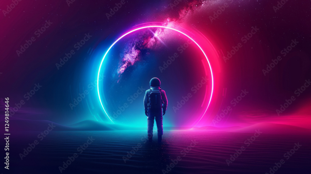 Fototapeta premium Astronaut at the Cosmic Portal: A lone astronaut stands before a vibrant, glowing neon circle, reminiscent of a portal to another dimension. The scene is otherworldly.
