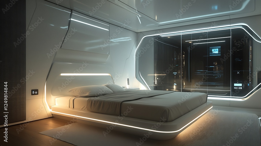 Futuristic bedroom with parametric wall cladding smart glass windows and customizable LED lighting Reflective surfaces enhance modernity and depth Futuristic bedroom with parametric wall cladding smart glass windows and customizable LED lighting Reflective surfaces enhance modernity and depth