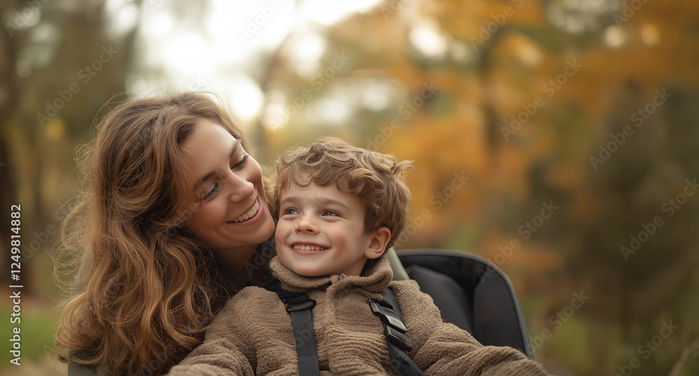 A loving mother and her autistic son share a joyful moment outdoors in an autumn park, surrounded by golden leaves. A loving mother and her autistic son share a joyful moment outdoors in an autumn park, surrounded by golden leaves.