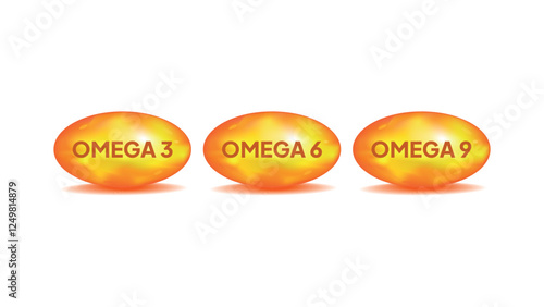 Set of omega. EPA. DHA. . Omega complex. Omega 3, omega 6, and omega 9. Essential fatty acids. Healthy nutrition supplements. Vector illustration