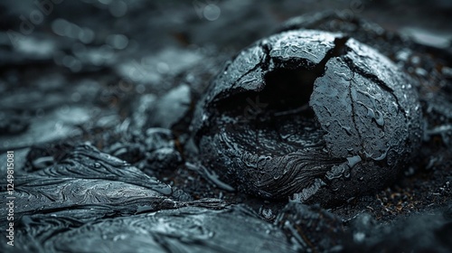 A close-up of a cooling volcanic bomb, cracked open, revealing its interior. photo