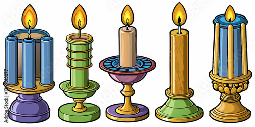  Set of isolated candles in decorative holders – Detailed cartoon vector illustration on white background, including pillar candle, stick candle, rustic candle, tealight and scented candle in glass