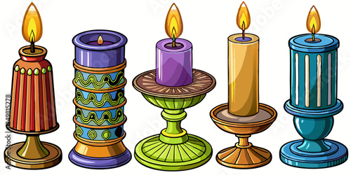  Set of isolated candles in decorative holders – Detailed cartoon vector illustration on white background, including pillar candle, stick candle, rustic candle, tealight and scented candle in glass