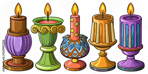  Set of isolated candles in decorative holders – Detailed cartoon vector illustration on white background, including pillar candle, stick candle, rustic candle, tealight and scented candle in glass