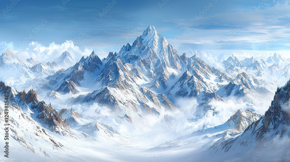 Fototapeta premium Majestic snow-capped mountains, panoramic view, serene, inspiring scenery