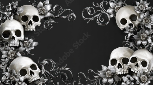 Wallpaper Mural Skulls and flowers frame on dark background. Torontodigital.ca