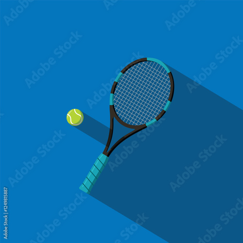 Tennis racket and ball with long shadow. Flat style vector illustration