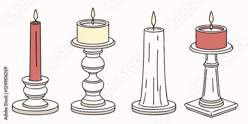 Set of isolated candles in decorative holders - Detailed vector illustration on white background, including pillar candle, stick candle, rustic candle, tea light and scented candle in glass