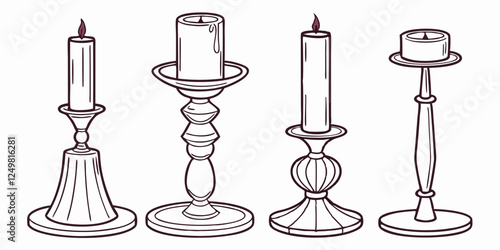 Set of isolated candles in decorative holders - Detailed vector illustration on white background, including pillar candle, stick candle, rustic candle, tea light and scented candle in glass