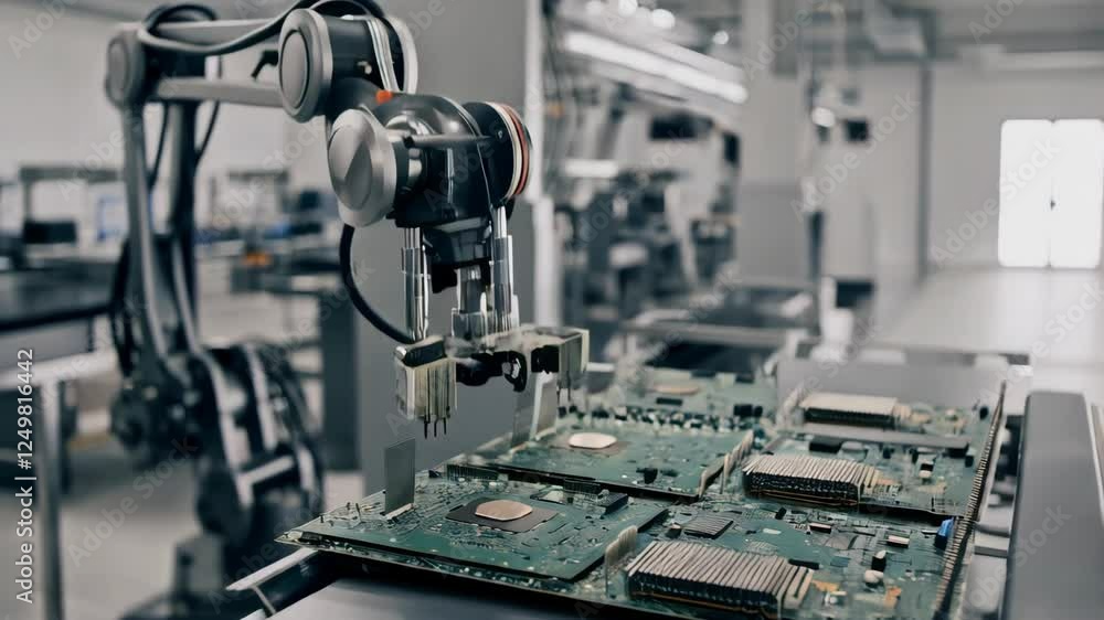 Automated robotic arm aligns circuit boards in hightech manufacturing process Automated robotic arm aligns circuit boards in hightech manufacturing process