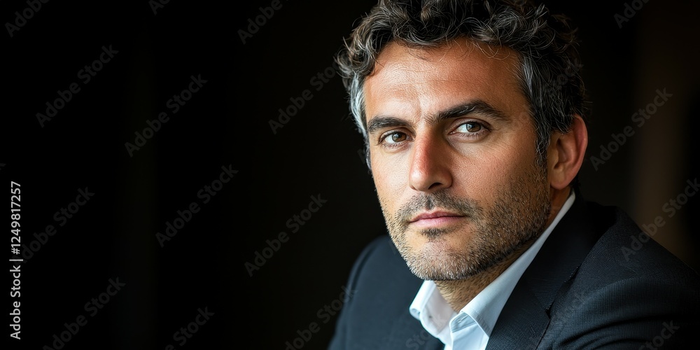 A man with curly hair and a serious expression is dressed in formal attire. He poses confidently against a dark background, suggesting a professional setting or event A man with curly hair and a serious expression is dressed in formal attire. He poses confidently against a dark background, suggesting a professional setting or event