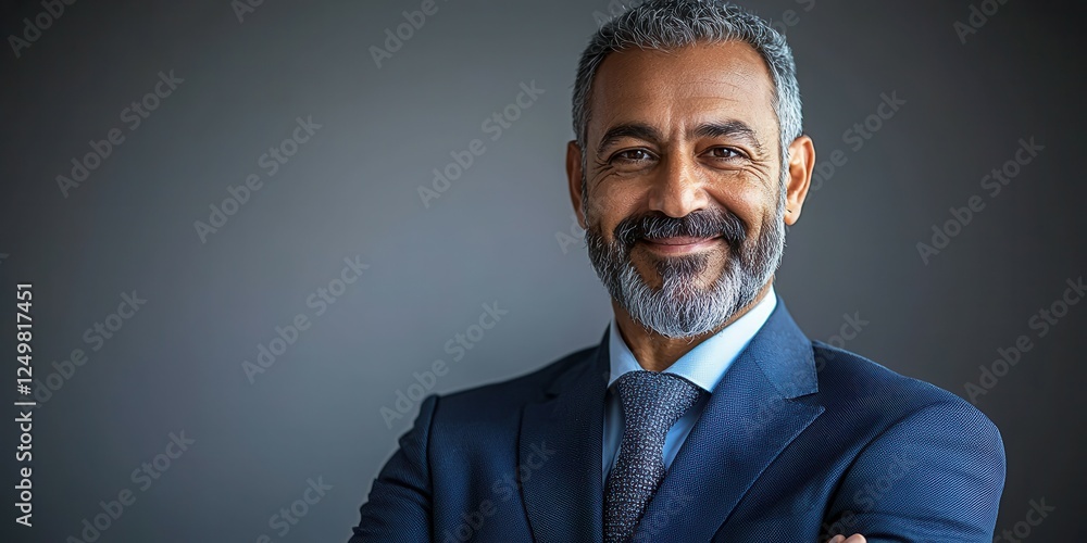 A confident businessman with a well-groomed gray beard smiles warmly while wearing a tailored suit. He stands with crossed arms, exuding professionalism and approachability in a soft, neutral setting A confident businessman with a well-groomed gray beard smiles warmly while wearing a tailored suit. He stands with crossed arms, exuding professionalism and approachability in a soft, neutral setting
