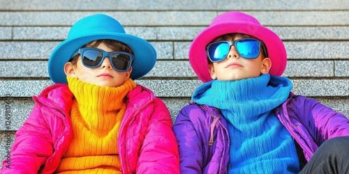 Two children sit comfortably on outdoor stairs, showcasing their playful fashion with bright sweaters and oversized hats, enjoying a sunny day outdoors photo