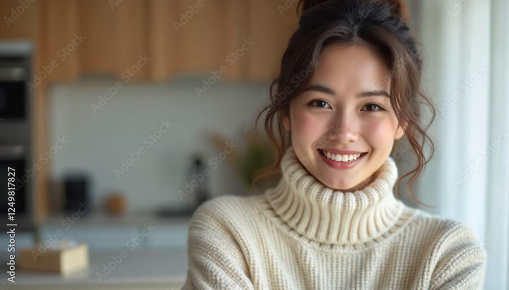 Young woman in cozy sweater smiles warmly. Indoor setting suggests comfortable home environment. Natural light illuminates face, soft features. Relaxed expression shows happiness, serenity. Winter Young woman in cozy sweater smiles warmly. Indoor setting suggests comfortable home environment. Natural light illuminates face, soft features. Relaxed expression shows happiness, serenity. Winter