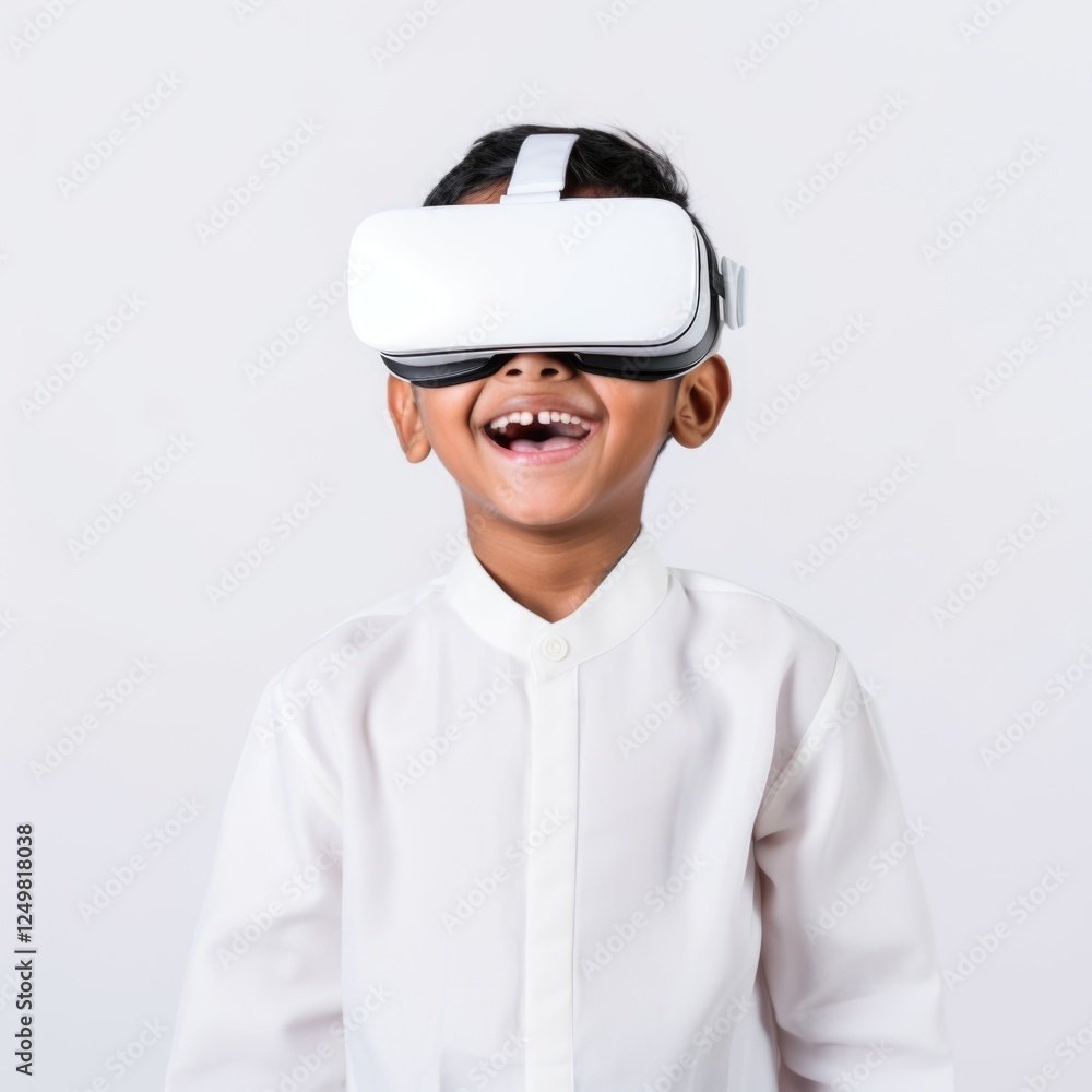 Kid wear visual goggle enjoying virtual reality in white background Kid wear visual goggle enjoying virtual reality in white background