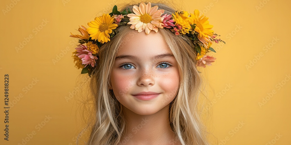 A young girl smiles brightly, adorned with a colorful flower crown. Her hair cascades around her shoulders, and the warm yellow backdrop adds a cheerful ambiance to the moment A young girl smiles brightly, adorned with a colorful flower crown. Her hair cascades around her shoulders, and the warm yellow backdrop adds a cheerful ambiance to the moment
