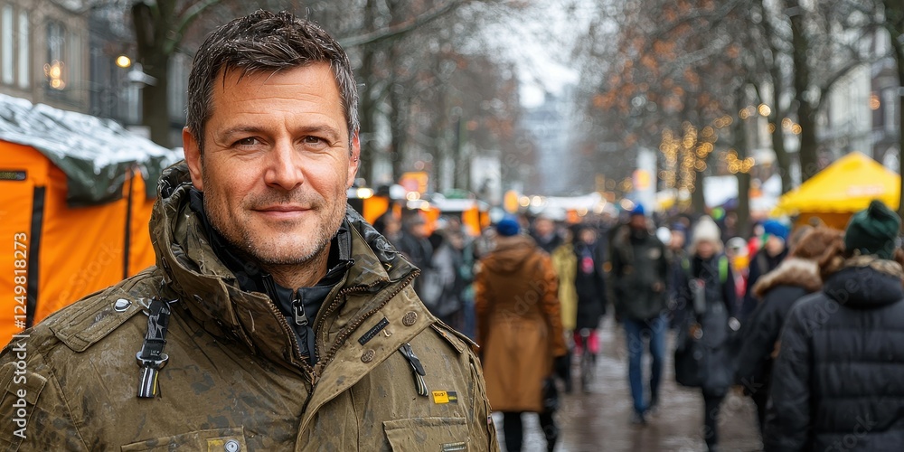 A man wearing a stylish jacket is standing confidently in an outdoor market filled with people. Colorful tents and seasonal decorations create a lively winter atmosphere A man wearing a stylish jacket is standing confidently in an outdoor market filled with people. Colorful tents and seasonal decorations create a lively winter atmosphere