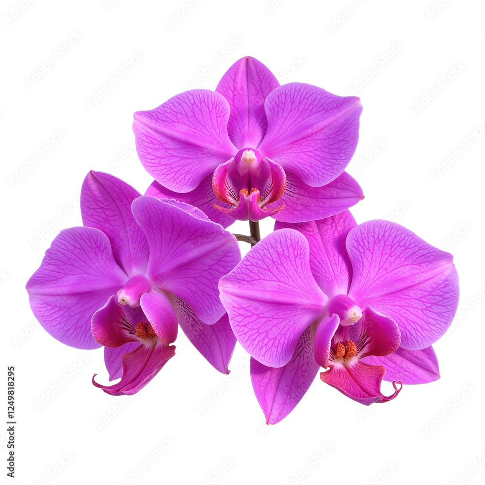 Close-up of three vibrant pink phalaenopsis orchids isolated on a cut out background. Close-up of three vibrant pink phalaenopsis orchids isolated on a cut out background.