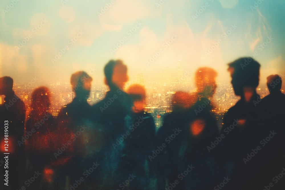 a faceless crowd standing before a blurred, glowing city skyline that dissolves into golden mist, soft navy and amber hues blending seamlessly, hazy light a faceless crowd standing before a blurred, glowing city skyline that dissolves into golden mist, soft navy and amber hues blending seamlessly, hazy light