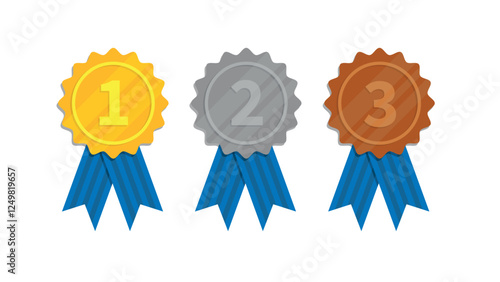 Gold, silver, and bronze medals with blue ribbon. Winner medals concept. Flat style vector illustration