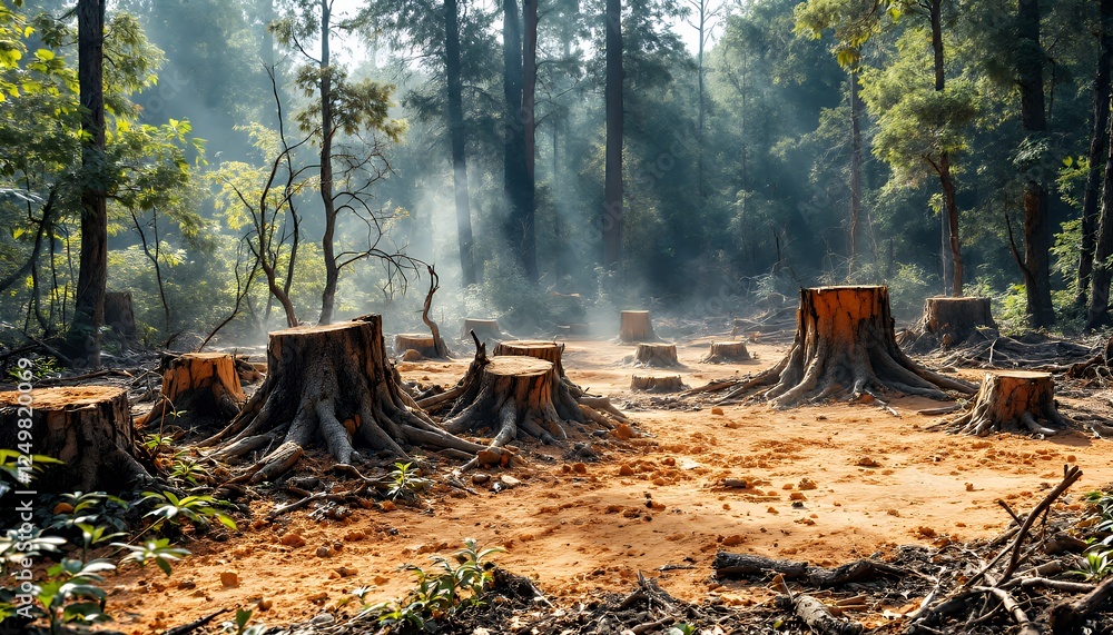 Deforestation Scene with Tree Stumps in a Forest Clearing with Sunlight Deforestation Scene with Tree Stumps in a Forest Clearing with Sunlight