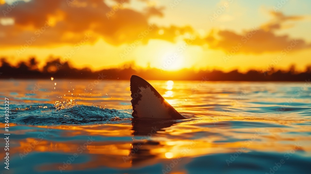Fototapeta premium Shark fin emerging from the water during a vibrant sunrise