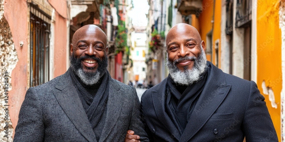 Two men with beards pose happily in a vibrant alley filled with colorful buildings and greenery on a sunny day, exuding warmth and friendship as they enjoy their surroundings Two men with beards pose happily in a vibrant alley filled with colorful buildings and greenery on a sunny day, exuding warmth and friendship as they enjoy their surroundings