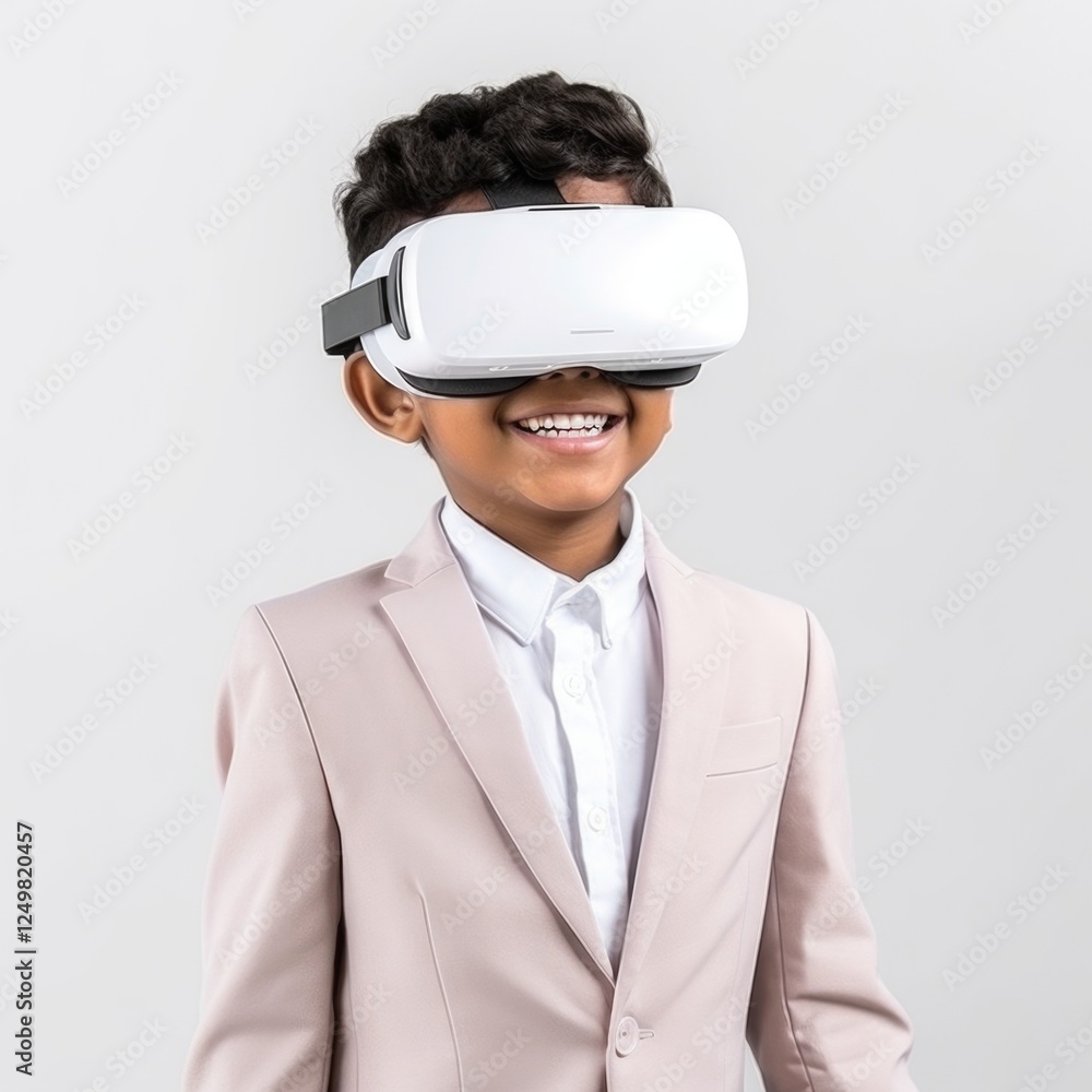 Kid wear visual goggle enjoying virtual reality in white background Kid wear visual goggle enjoying virtual reality in white background