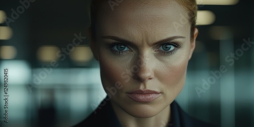 A determined woman with striking features gazes intently at a point off-camera, set in a sleek office environment with soft lighting. Her posture exudes confidence and seriousness