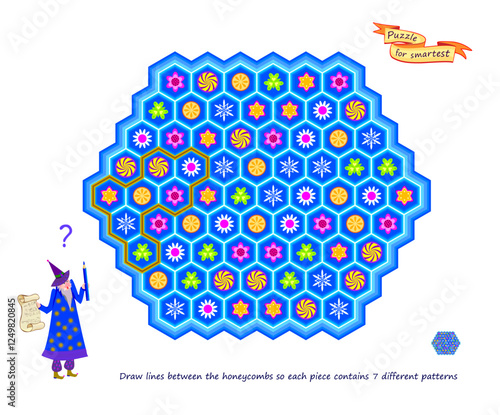 Logic puzzle for children and adults. Draw lines between the honeycombs so each piece contains 7 different patterns. Educational game. Kids brain teaser book. Developing counting skills. Vector image