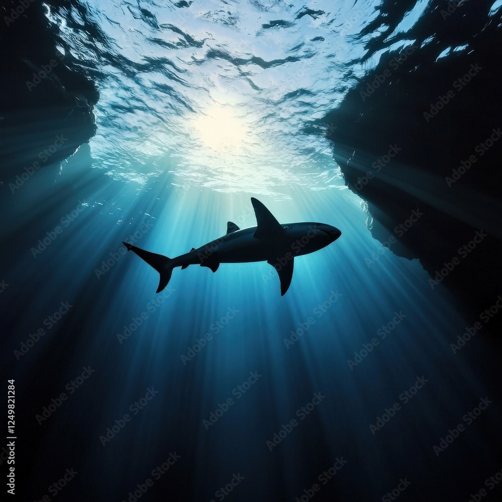 Obraz premium Shark silhouette against a backdrop of glowing underwater cliffs
