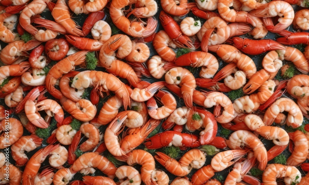 Shrimp and lobster arranged together in a delicate pattern , seafood arrangement, refined seafood presentation Shrimp and lobster arranged together in a delicate pattern , seafood arrangement, refined seafood presentation
