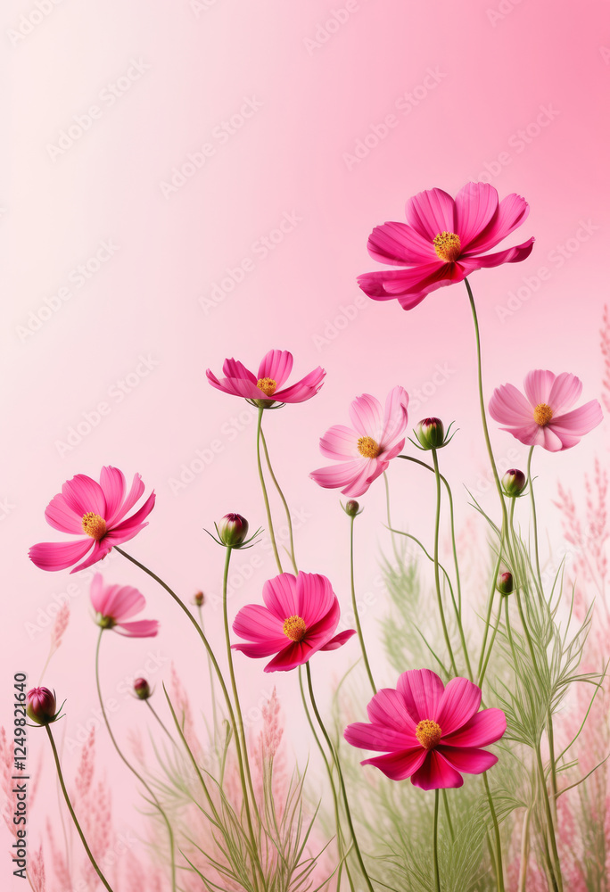 custom made wallpaper toronto digitalZarte Wildblumen in Rosa- und Pinktönen, arrangiert vor einem pastellrosa Hintergrund – harmonisch und elegant in der Trendfarbe „Transcendent Pink“. Generative KI.