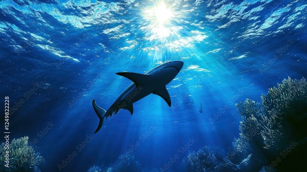 Obraz premium Shark surrounded by glowing aquatic plants in a fantasy underwater world