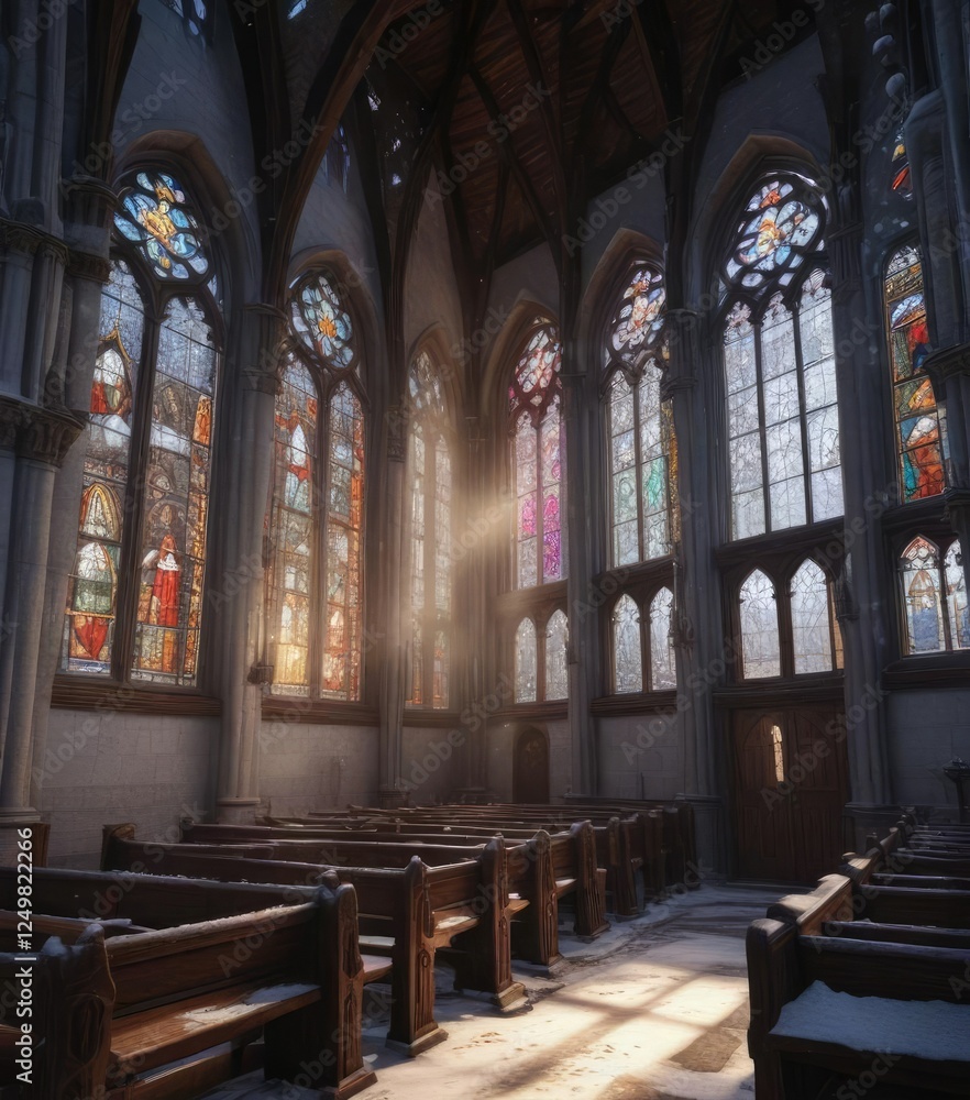 Obraz premium Snow-covered church with stained glass windows, church interior, spiritual refuge, holy day